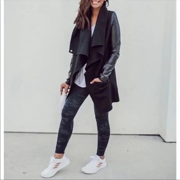 Spanx Drape Front Jacket Womens XL Blac Ponte Faux Leather Sleeves 50176R - Picture 11 of 11